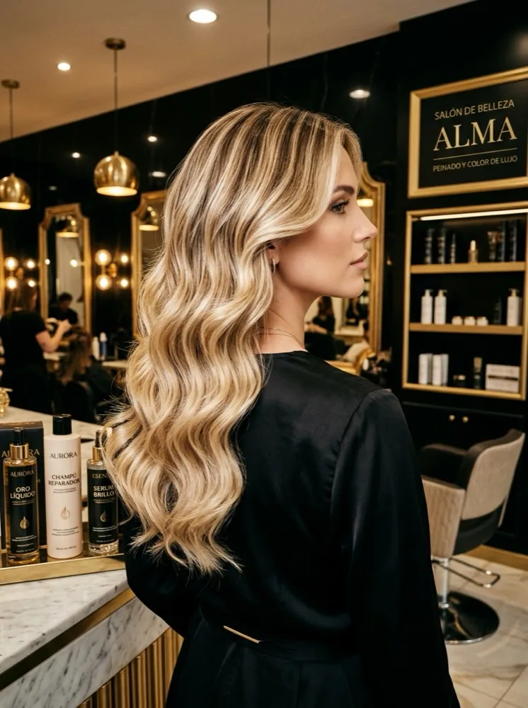 Balayage rubio luminoso con brillo